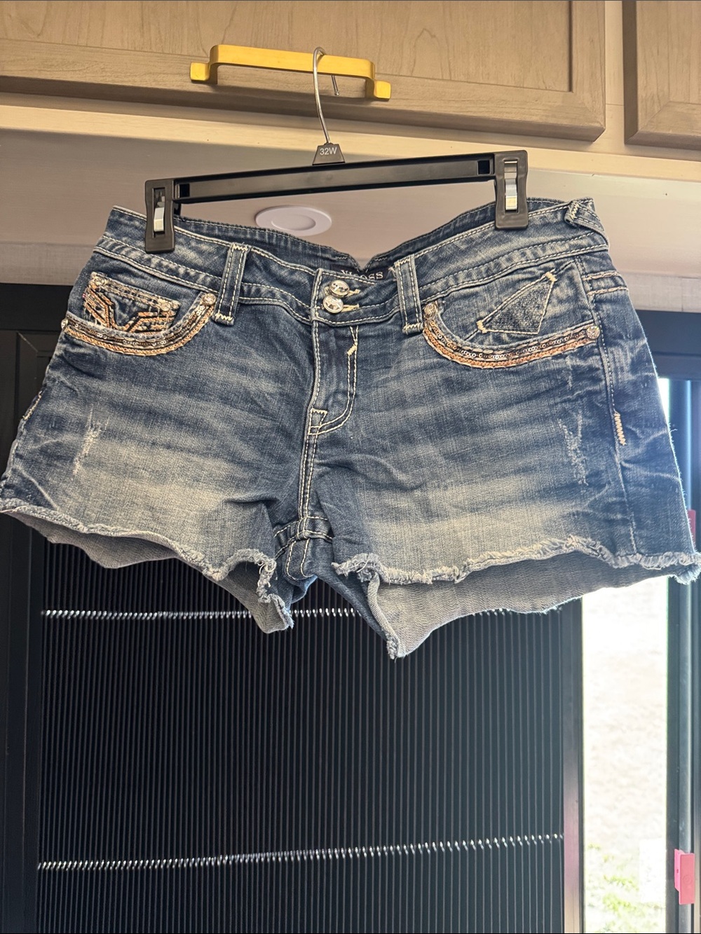 Vigoss Faded Blue Distressed Denim Shorts with Embellished Pockets